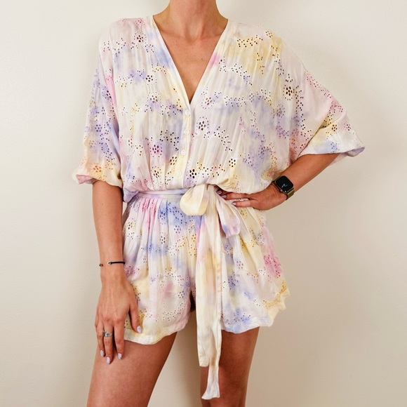 New Young Fabulous & Broke Kyra boho eyelet tie dye violet burst jumpsuit romper - Picture 4 of 9